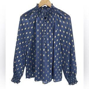 g.p.d. Blue Gold Brush Dot Smocked Neck Long Sleeve Blouse Romantic Coquette L